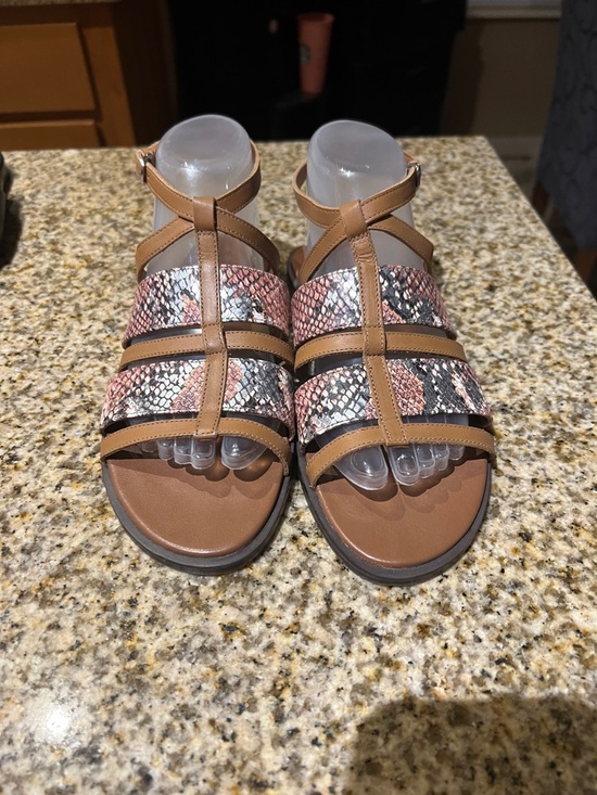 Naturalizer Shoes - Naturalizer Tan Strappy Sandals with Pink Snake-Print Accents